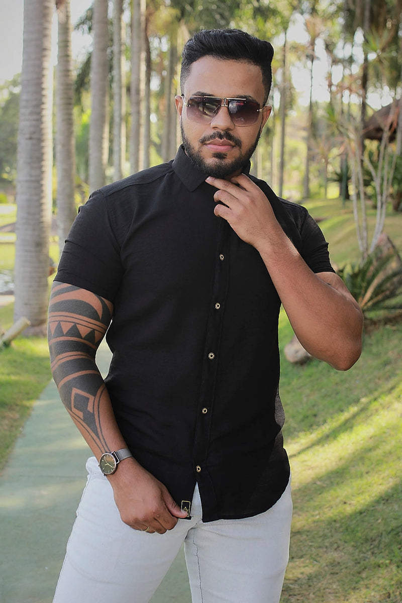 Camisa slim fit Linho Belga Black